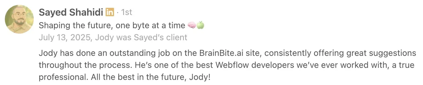 utomodesigns linkedin testimonial brainbite ai